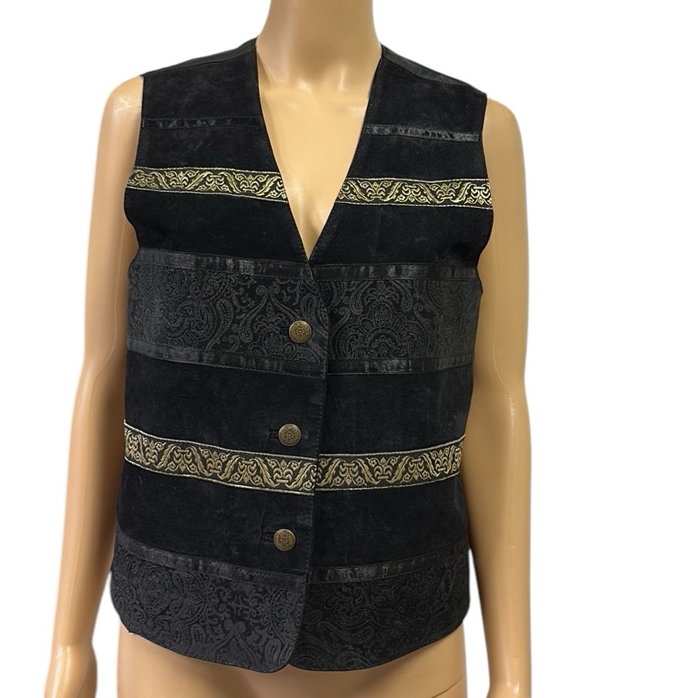 GIII Genuine Leather Suede Ribbon Accent 3 Button Vest Black Gold Womens Large